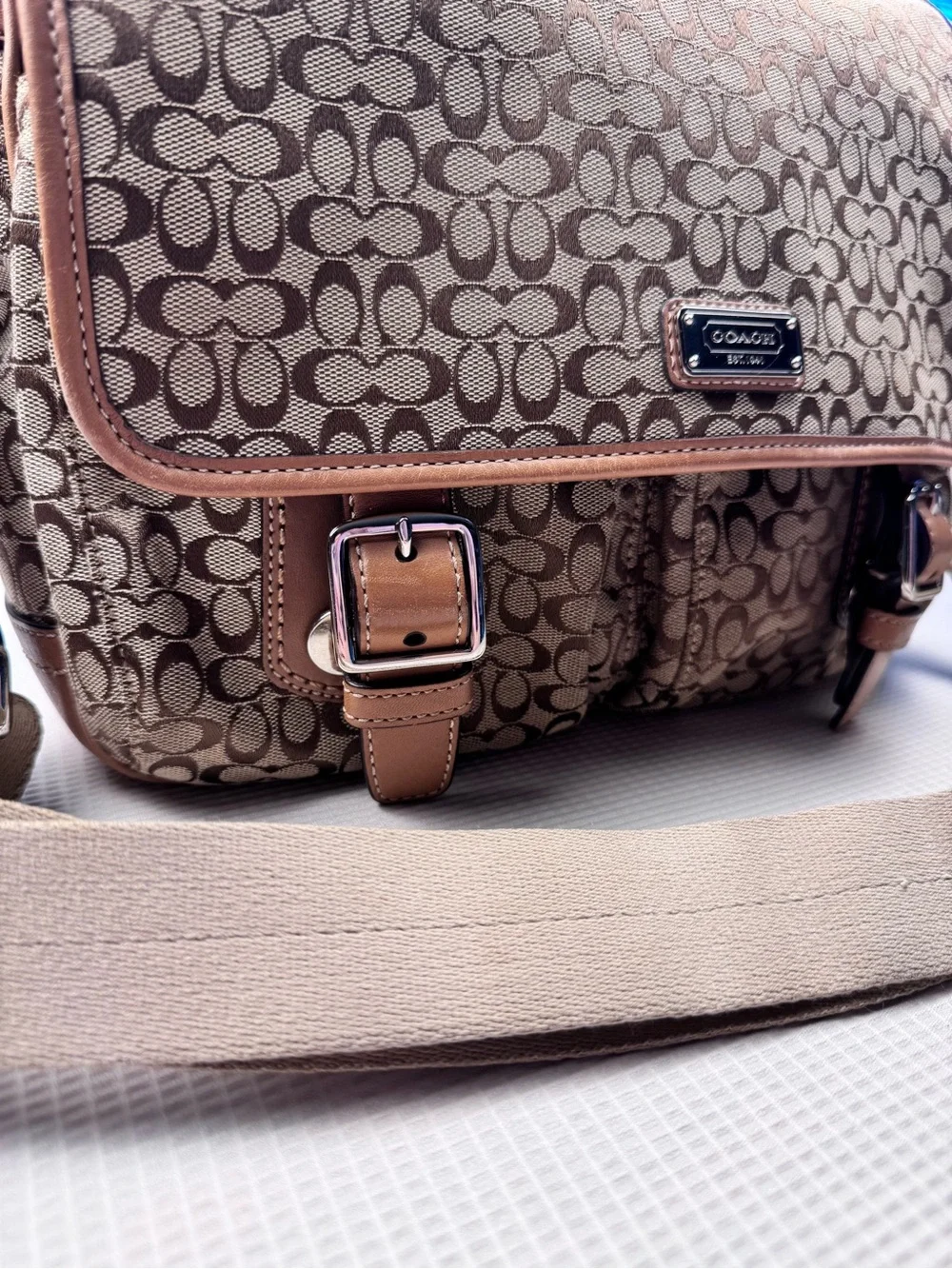 Coach Tan Signature Canvas Messenger Bag with Brown Leather Trim